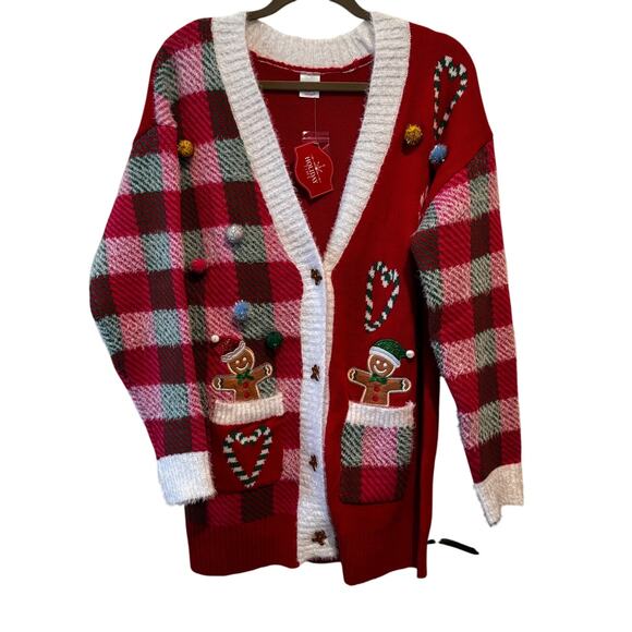 Holiday Time Festive Gingerbread Ugly Cute Christmas Cardigan Sweater Women's M - Picture 3 of 8